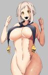  1girl arms_up black_neckwear blonde_hair breasts camui_kamui cropped_legs curvy hands_up highres large_breasts medium_hair no_pussy nude nuu_(camui_kamui) open_mouth original platinum_blonde_hair short_hair skull smile solo stitches yellow_eyes 