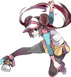  black_legwear blue_eyes bow brown_hair commentary double_bun enpe full_body highres legwear_under_shorts long_hair pantyhose pink_bow pokemon pokemon_(game) pokemon_bw2 raglan_sleeves rosa_(pokemon) shoes short_shorts shorts sneakers solo twintails very_long_hair visor_cap yellow_shorts 