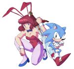  1980s_(style) 1990s_(style) 1boy 1girl animal_ears bangs bare_shoulders black_eyes blue_eyes blue_footwear bow bowtie breasts brown_hair chronocrump closed_mouth commentary crossed_arms crossover daicon_bunny_girl daicon_iv detached_collar english_commentary eyebrows_visible_through_hair fake_animal_ears film_grain full_body gloves high_heels highres holding holding_sword holding_weapon leotard looking_at_viewer medium_breasts one_knee pantyhose playboy_bunny rabbit_ears rabbit_tail red_footwear red_leotard retro_artstyle shoes short_hair signature smile sonic_(series) sonic_the_hedgehog strapless strapless_leotard sword tail twitter_username weapon white_background white_gloves wrist_cuffs 