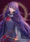  1girl absurdres baggy_clothes blood blood_on_face blue_cape blue_dress braid cape commission commissioner_upload dress expressionless eyebrows_visible_through_hair fire_emblem fire_emblem:_the_binding_blade french_braid highres holding holding_knife holding_weapon knife long_hair looking_at_viewer purple_eyes purple_hair sitting skeb_commission solo sophia_(fire_emblem) weapon yoshiki1020 