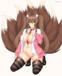  animal_ears areola bottomless dress_shirt keshigomu kitsune no_bra open_shirt plushmallow tail thighhighs 