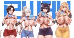  aestheticc-meme animal_ears bike_shorts blake_belladonna breasts nipples no_bra ruby_rose rwby shirt_lift uniform weiss_schnee yang_xiao_long 