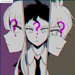  1girl 2boys ? ahoge amami_rantarou bangs blunt_bangs brown_background closed_mouth collared_shirt danganronpa:_trigger_happy_havoc danganronpa_(series) danganronpa_2:_goodbye_despair danganronpa_v3:_killing_harmony face green_background highres hinata_hajime kirigiri_kyouko korean_commentary korean_text long_hair messy_hair multiple_boys necktie portrait profile purple_background shirt short_hair smile tansug_(tansuk88) trait_connection translation_request 