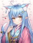  1girl ahoge animal_ear_fluff animal_ears bangs bell blue_hair blue_nails blush cat_ears cat_tail closed_mouth colored_tips crescent crescent_hair_ornament cup ear_piercing elf extra_ears floral_print hair_between_eyes hair_ornament hairclip hakama hand_up heart_ahoge highres holding holding_cup hololive japanese_clothes jingle_bell kimono long_hair long_sleeves looking_at_viewer mirukurim multicolored_hair obi piercing pink_hakama pointy_ears print_kimono ribbon sash smile solo streaked_hair tail tail_bell tail_ornament tail_ribbon very_long_hair virtual_youtuber wide_sleeves yellow_eyes yukihana_lamy 