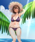  1girl absurdres armpits ass_visible_through_thighs bakuya bangs bikini blush breasts brown_eyes brown_hair character_request cleavage collarbone copyright_request eyebrows_visible_through_hair feet_out_of_frame hat highres large_breasts light_smile looking_at_viewer mole mole_under_mouth navel palm_tree purple_bikini short_hair side-tie_bikini sidelocks solo straw_hat sunlight swimsuit tree water 