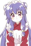  1girl :o apron bangs bell blush_stickers china_dress chinese_clothes commentary double_bun dress eyebrows_visible_through_hair frilled_apron frills hair_bell hair_ornament highres jingle_bell long_hair looking_at_viewer maid_headdress namori purple_eyes purple_hair ranma_1/2 red_dress shampoo_(ranma_1/2) simple_background solo symbol_commentary upper_body white_apron white_background 