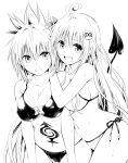  2girls :d ahoge ayakashi_triangle bikini bikini_bottom bikini_top blush breasts crossover demon_tail genderswap genderswap_(mtf) hair_ornament hairclip happy highres kazamaki_matsuri lala_satalin_deviluke large_breasts long_hair looking_at_viewer monochrome multiple_girls navel open_mouth pinwheel pinwheel_hair_ornament ponytail pubic_tattoo simple_background smile source_request standing sweat swimsuit tail tattoo to_love-ru white_background yabuki_kentarou 