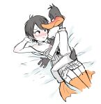  1boy 1girl beak bed bed_sheet bird bird_tail black_hair blush breasts cleavage commentary daffy_duck dual_persona duck english_commentary garter_straps genderswap genderswap_(mtf) highres himuhino humanization lingerie looney_tunes on_bed thighhighs underwear 
