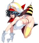  1girl absurdres ass bee_costume black_hair blue_eyes bodypaint breasts fangs gloves hat headphones highres huge_breasts masao medium_hair nipples open_mouth original pasties solo thighhighs white_gloves yellow_legwear 