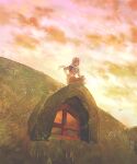  1boy bandaged_arm bandages blonde_hair blue_eyes cloud crossed_legs evening fingerless_gloves gloves highres house lingcod_dayu link male_focus official_alternate_costume one_eye_closed outdoors pointy_ears scarf scenery sheikah sidelocks sitting sky smile solo stealth_set_(zelda) the_legend_of_zelda the_legend_of_zelda:_breath_of_the_wild white_scarf window 