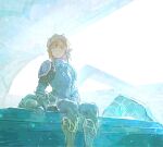  1boy armor blonde_hair blue_eyes boots earrings gauntlets headwear_removed helmet helmet_removed jewelry knee_boots lingcod_dayu link male_focus official_alternate_costume parted_lips pointy_ears sidelocks sitting solo the_legend_of_zelda the_legend_of_zelda:_breath_of_the_wild zora_set_(zelda) 