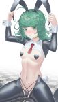 1girl animal_ears bangs black_legwear blush breasts bunny_ears bunny_tail curly_hair dmith fake_animal_ears green_eyes green_hair heart_pasties highres looking_at_viewer maebari meme_attire navel necktie one-punch_man open_mouth pasties revealing_clothes reverse_bunnysuit reverse_outfit short_hair shrug_(clothing) small_breasts solo tail tatsumaki thighs 