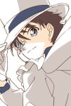  1boy adjusting_clothes adjusting_headwear bangs blue_eyes blue_shirt brown_hair cape closed_mouth commentary disconnected_mouth formal gloves hand_up hat highres jacket kaitou_kid light_smile long_sleeves looking_at_viewer looking_back magic_kaito male_focus meitantei_conan monocle monocle_chain namori shirt short_hair simple_background solo suit symbol_commentary top_hat upper_body white_background white_cape white_gloves white_headwear white_jacket white_suit 