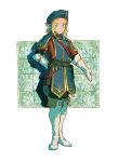  1boy belt blonde_hair blue_eyes blue_headwear boots earrings full_body gloves hat highres jewelry lingcod_dayu link low_ponytail male_focus official_alternate_costume pointy_ears royal_guard_set_(zelda) short_ponytail sidelocks simple_background smile solo standing the_legend_of_zelda the_legend_of_zelda:_breath_of_the_wild thigh_boots thighhighs triforce white_footwear white_gloves 