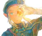  1boy blonde_hair blue_eyes blue_headwear gloves hat highres holding lingcod_dayu link looking_at_viewer male_focus official_alternate_costume parted_lips pointy_ears royal_guard_set_(zelda) sidelocks solo the_legend_of_zelda the_legend_of_zelda:_breath_of_the_wild triforce_print white_gloves 