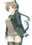  1girl absurdres ahoge animal_ears ass_visible_through_thighs blue_eyes blush braid brown_hair brown_legwear brown_sweater cat_ears cat_tail collared_shirt eyebrows_visible_through_hair green_jacket green_legwear hair_ribbon hatakenaka_(kamagabuchi) highres jacket long_hair long_sleeves looking_at_viewer lynette_bishop necktie outline ribbon shirt single_braid skindentation smile solo strike_witches striped striped_legwear sweater tail thighhighs v-neck white_shirt world_witches_series 