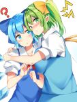  2girls ? bangs blue_bow blue_dress blue_eyes blue_hair blue_skirt blue_vest blush bow breast_press cirno collared_shirt cowboy_shot daiyousei dress eyebrows_visible_through_hair fairy_wings green_eyes green_hair hair_bow highres hug ice ice_wings looking_at_viewer medium_hair multiple_girls nagomian open_mouth pointy_ears pout puffy_short_sleeves puffy_sleeves shirt short_hair short_sleeves side_ponytail simple_background skirt touhou v-shaped_eyebrows vest white_background white_shirt wings 