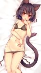  1girl animal_ears black_bra black_panties bra breasts brown_hair cat_ears cat_girl cat_tail finger_licking gradient_hair highres kida_kuro_mu licking lying multicolored_hair on_back original panties panty_pull purple_hair red_eyes short_hair slit_pupils small_breasts strap_slip tail tongue tongue_out underwear underwear_only 