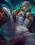  2boys abs animal_ears bara beige_fur blue_eyes bulge erection erection_under_clothes furry gyee imminent_sex large_pectorals lin_hu_(nekojishi) looking_at_viewer male_cleavage male_focus multiple_boys muscular muscular_male navel nekojishi nurinaki orange_fur pectorals reward_available short_hair solo_focus stomach thick_thighs thighs tiger_boy tiger_ears yaoi 