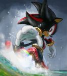 1boy animal_nose bracelet closed_mouth cloud cloudy_sky english_commentary furry gloves highres jewelry looking_back male_focus red_eyes running rythayze shadow_the_hedgehog sky solo sonic_(series) water white_gloves 