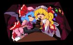  1boy 2girls ascot bangs bar_censor bat_wings black_gloves blonde_hair blue_hair bow bright_pupils censored closed_mouth commentary_request crystal curtains dark-skinned_male dark_skin elbow_gloves fellatio flandre_scarlet gloves hair_ribbon hat hat_ribbon indoors interracial looking_at_viewer medium_hair mob_cap multiple_girls namako_(takorin) off_shoulder open_mouth oral penis pink_headwear pink_shirt pink_skirt red_bow red_eyes red_neckwear red_ribbon red_shirt red_skirt remilia_scarlet ribbon shirt side_ponytail skirt sleeveless smile thighhighs touhou white_gloves white_headwear white_legwear white_pupils wings yellow_neckwear 