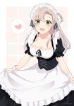  1girl alternate_costume apron bangs black_dress blush breasts cleavage dress enmaided eyebrows_visible_through_hair green_eyes grey_hair highres kantai_collection kazuki_kan kinugasa_(kancolle) large_breasts long_hair maid maid_day maid_headdress one_side_up open_mouth short_sleeves simple_background skirt_hold solo twitter_username white_apron wrist_cuffs 