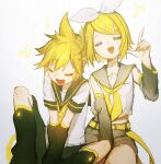  1boy 1girl ascot bass_clef beamed_sixteenth_notes belt between_legs blonde_hair blush bow brother_and_sister closed_mouth collarbone commentary crop_top detached_sleeves eighth_note hair_bow hair_ornament hairclip hand_between_legs highres index_finger_raised kagamine_len kagamine_rin leg_warmers music musical_note necktie number_tattoo open_mouth pogpa47985618 quarter_note sailor_collar shirt shorts shoulder_tattoo siblings singing sitting sketch sleeveless sleeveless_shirt spoken_musical_note tattoo treble_clef twins vocaloid 
