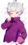  1boy :p akemaru bede_(pokemon) blonde_hair coat curly_hair eyebrows_visible_through_hair highres looking_at_viewer male_focus pokemon pokemon_(game) pokemon_swsh purple_coat signature solo tongue tongue_out white_background 