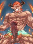  1boy abs armlet bara censored cowboy_shot dark-skinned_male dark_skin draph erection facial_hair fire goatee granblue_fantasy highres huge_penis kirupi lantana_(granblue_fantasy) large_pectorals loincloth looking_at_viewer male_focus mature_male mosaic_censoring muscular muscular_male nipples nude one_eye_closed orange_hair pectorals penis pointy_ears short_hair smile solo stomach testicles thick_thighs thighs tooth_necklace uncensored veins veiny_penis 
