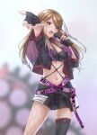  1girl absurdres belt blonde_hair blurry blurry_background blush brown_eyes brown_hair crop_top eyebrows_visible_through_hair eyes_visible_through_hair fingerless_gloves fishnets gloves gradient_hair gyaru hair_between_eyes hair_over_one_eye highres holding holding_microphone idol idolmaster idolmaster_shiny_colors izumi_mei jacket kagin_(kagou_shita_nanika) long_hair microphone midriff miniskirt mismatched_legwear multicolored_hair music purple_hair singing skirt solo streaked_hair tan thighhighs twitter_username upper_teeth 