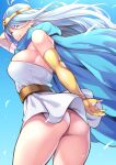  1girl antenna_hair ass bangs belt blue_cape blue_hair blue_sky blush breasts cape circlet dragon_quest dragon_quest_iii dress elbow_gloves gloves long_hair looking_at_viewer looking_back orange_eyes sage_(dq3) short_dress shouji_nigou sky smile solo thighs white_dress yellow_gloves 