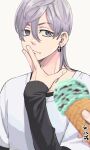 1boy 1other absurdres bangs closed_mouth earrings food food_on_face grey_eyes grey_hair hair_between_eyes hand_up highres holding holding_food ice_cream ice_cream_cone jewelry long_hair long_sleeves looking_at_viewer male_focus meimei_(cb_mei) mitsuya_takashi shirt simple_background single_earring sleeves_past_wrists solo_focus tokyo_revengers upper_body white_background white_shirt 