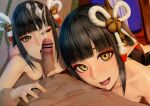  1boy 2girls bangs bar_censor black_hair blunt_bangs blush breasts censored completely_nude cum cum_on_hair facial ffm_threesome group_sex hair_ornament hetero hinoa jellytits-7 long_hair looking_at_viewer medium_breasts minoto monster_hunter_(series) monster_hunter_rise multiple_girls nipples nude open_mouth penis shimaidon_(sex) siblings sisters smile threesome twins yellow_eyes 