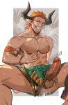  1boy abs ass bara cum cum_in_ass dark-skinned_male dark_skin draph ejaculation facial_hair feet_out_of_frame goatee granblue_fantasy highres implied_yaoi lantana_(granblue_fantasy) large_pectorals loincloth looking_at_viewer male_focus male_lactation mature_male muscular muscular_male nipples nude orange_hair pectorals penis pointy_ears scar scar_on_chest scar_on_leg short_hair smile solo spread_legs stomach thick_thighs thighs uncensored yaowu 