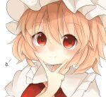  1girl bangs blonde_hair blush closed_mouth dress eyebrows_visible_through_hair eyes_visible_through_hair finger_to_face flandre_scarlet hair_between_eyes hand_up hat highres hyaku_paasento looking_at_viewer red_dress red_eyes short_hair simple_background smile solo touhou white_background white_headwear white_sleeves yellow_neckwear 