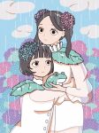  2girls animal bangs black_eyes black_hair blue_flower blue_sky blunt_bangs cloud flower frog highres holding holding_animal hoppe_illust hydrangea leaf long_hair multiple_girls original pink_flower purple_flower rain see-through_sleeves shirt sky twintails upper_body white_shirt 