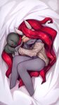  1girl bed_sheet blindfold bottomless chibi closed_eyes colored_skin commentary demon_girl from_above full_body grey_skin highres horns lilith_(the_binding_of_isaac) long_hair lying off_shoulder on_side oni_horns open_mouth red_hair sleeping the_binding_of_isaac very_long_hair yellowparrot 