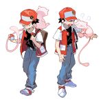  1boy backpack bag baseball_cap black_shirt brown_bag brown_hair commentary_request gen_1_pokemon hands_up hat holding holding_poke_ball holding_strap jacket lower_teeth male_focus mew mythical_pokemon newo_(shinra-p) open_clothes open_jacket open_mouth pants poke_ball poke_ball_(basic) pokemon pokemon_(creature) pokemon_(game) pokemon_rgby red_(pokemon) red_headwear shirt shoes short_hair short_sleeves simple_background spiked_hair standing sweatdrop white_background white_footwear 