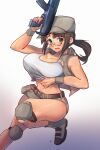  1girl belt blush boots breasts brown_eyes brown_hair cleavage commentary_request crop_top fio_germi glasses gradient gradient_background gun handgun hat highres holding holding_gun holding_weapon knee_pads large_breasts long_hair looking_at_viewer madsensei metal_slug midriff navel open_mouth ponytail short_shorts shorts sleeveless solo tank_top thighhighs thighs trigger_discipline vest weapon 