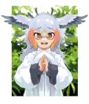  1girl bird_girl bird_wings black_hair eyebrows_visible_through_hair glasses hands_together head_wings highres jacket kemono_friends long_hair long_sleeves looking_at_viewer multicolored_hair open_mouth orange_eyes orange_hair secretarybird_(kemono_friends) semi-rimless_eyewear smile solo toki_reatle white_hair white_jacket wings yellow_eyes 