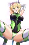  1girl akatsuki_kirika armpits arms_behind_head arms_up bangs blonde_hair blush breasts covered_navel elbow_gloves gloves green_eyes green_legwear green_leotard hair_between_eyes highleg highleg_leotard kumakichi_(cost-lost) large_breasts leotard looking_at_viewer open_mouth senki_zesshou_symphogear short_hair smile solo spread_legs squatting striped striped_legwear stripper_pole thighhighs thighs white_gloves 