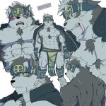  1boy abs absurdres ainu animal_ears back bara bare_pectorals be_(2368230) blood blood_from_mouth blush chest_hair collage cropped_torso from_below furry grey_fur grey_hair headband highres horkeu_kamui_(tokyo_houkago_summoners) jacket jacket_on_shoulders large_pectorals looking_back male_focus muscular muscular_male navel nipples pectorals pelvic_curtain saliva scar scar_on_arm scar_on_chest scar_on_leg short_hair silver_hair standing stomach tail tokyo_houkago_summoners white_fur wolf_boy wolf_ears wolf_tail yellow_eyes 