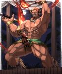  1boy abs armlet armpits bar_censor bara bellsaltr censored dark-skinned_male dark_skin draph erection facial_hair feet_out_of_frame fire goatee granblue_fantasy highres lantana_(granblue_fantasy) large_pectorals large_penis loincloth male_focus mature_male muscular muscular_male nipple_chain nipples nude orange_hair pectorals penis pointy_ears short_hair smile smirk solo standing stomach sweat thick_thighs thighs tooth_necklace uncensored veins 