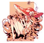  1girl brown_eyes dated fingernails flower flute highres holding holding_instrument instrument knees_up leaf long_hair mushroom mushroom_hat music nude original playing_flute playing_instrument poch4n signature solo very_long_hair white_flower 