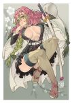  1girl belt black_jacket black_skirt border braid breasts breasts_apart duplicate flower full_body gradient_hair green_hair hair_between_eyes highres index_finger_raised jacket kanroji_mitsuri katana kimetsu_no_yaiba large_breasts legs long_hair mole mole_under_eye multicolored_hair open_clothes open_jacket open_shirt parted_lips partially_unbuttoned pink_hair pixel-perfect_duplicate poch4n quad_braids sandals shirt skirt solo sword tabi thighhighs weapon white_border white_flower white_shirt yellow_eyes 