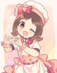  1girl blush blush_stickers bonn bow brown_hair chef_hat chef_uniform dress hat heart heart_hands idolmaster idolmaster_cinderella_girls muramatsu_sakura ribbon solo 