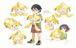  1boy bangs black_hair brown_shorts closed_eyes closed_mouth commentary_request gen_3_pokemon glasses green_footwear highres holding holding_pokemon hug jirachi lying male_focus max_(pokemon) multiple_views mythical_pokemon newo_(shinra-p) on_side pokemon pokemon_(anime) pokemon_(creature) pokemon_m06 pokemon_rse_(anime) shoes short_hair short_sleeves shorts simple_background sleeping smile standing translation_request under_covers white_background 