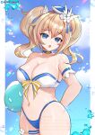  1girl artist_name barbara_pegg blue_choker blue_eyes bow breasts bubble choker cloud eyebrows_visible_through_hair fanbox_username genshin_impact gumroad_username hair_ornament hat large_breasts looking_at_viewer navel official_alternate_costume pixiv_username rayka slime_(genshin_impact) solo swimsuit twintails twitter_logo twitter_username watermark web_address 