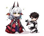  ayanobro blush bondage_outfit carmilla_(fate) chibi command_spell detached_sleeves fate/grand_order fate_(series) fingernails fujimaru_ritsuka_(male) high_heels highres horns long_fingernails smile sparkle supportasse thighhighs white_hair yellow_eyes 