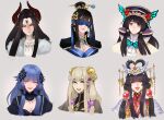  6+girls black_hair blindfold blonde_hair blue_hair dan_fei demon_girl green_eyes hair_ornament headdress headgear headshot highres lie_mei_(thunderbolt_fantasy) long_hair mu_tian_ming multiple_girls red_eyes scathegrapes smile thunderbolt_fantasy xie_yingluo xing_hai zhao_jun_lin 